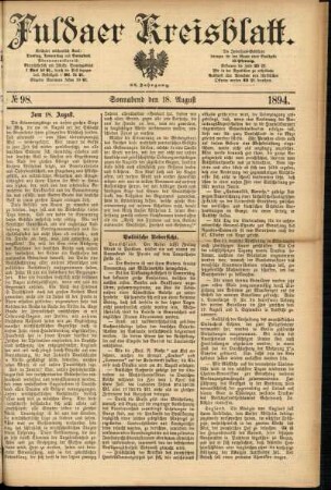 Erste Ausgabe vom Samstag, den 18. August 1894.