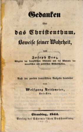 Gedanken über das Christenthum, Beweise seiner Wahrheit