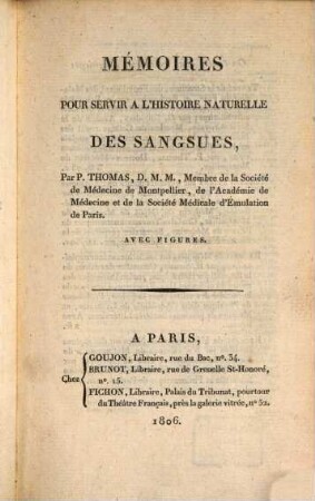 Memoires pour servir à l'histoire naturelle des sangsues