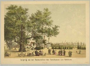 Die Gastwirtschaft am Forsthaus im Kuhturm in Lindenau (Leipzig) mit Blick über die Elsterauen auf die Stadt Leipzig von Westen