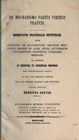 De mechanismo partus vertice praevio : Diss. inaug.