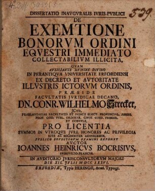 Dissertatio Inavgvralis Ivris Pvblici De Exemtione Bonorvm Ordini Eqvestri Immediato Collectabilivm Illicita