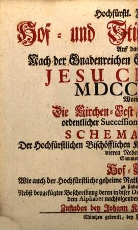 Hochfürstlich-Freysingischer Hof- und Kirchenkalender : auf das Jahr nach der gnadenreichen Geburt Jesu Christi ... mit beygefügtem Schematismo. 1758