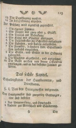 Das sechste Kapitel. Schuldigkeiten der Hausbeamten, und Dienstboten