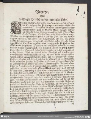 Vorrede, Oder Nöthiger Bericht an den geneigten Leser