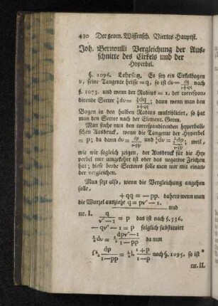 Joh. Bernoulli Vergleichung der Ausschnitte des Cirkels und der Hyperbel.