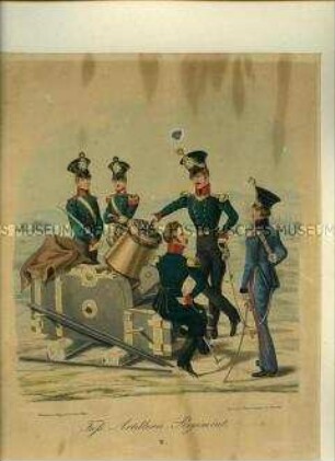 Soldat, Signalist, Offizier und Major wartend am Geschütz, Fußartillerie-Regiment, Offizier der Kavalleri e. Aus Kunstdruckmappe "Uniformen der Königlich Sächsischen Armee" 1832.
