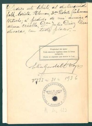 [Dedicatoria manuscrita a Robert Lehmann-Nitsche]