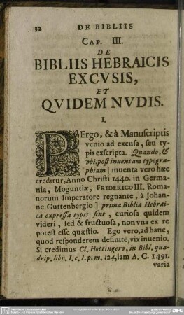 Cap. III. De Bibliis Hebraicis Excusis, Et Quidem Nudis
