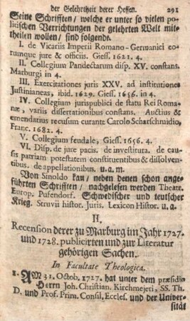 II. Recension derer zu Marburg im Jahr 1727. und 1728. publicirten und zur Literatur gehörigen Sachen.