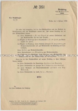 Drucksache des Reichstages Nr. 351 der VII. Wahlperiode mit Bekanntgabe der Änderungen in der Zusammensetzung der Reichsregierungen durch den Reichskanzler Adolf Hitler