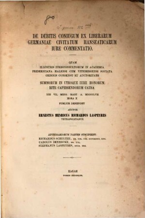 De debitis coniugum ex liberarum Germaniae civitatum Hanseaticarum iure commentatio