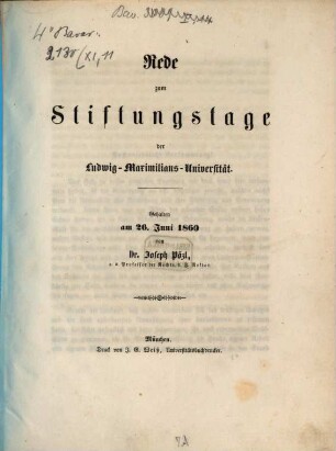 Rede zum Stiftungstage der Ludwig-Maximilians-Universität : Gehalten am 26. Juni 1860