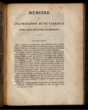Mémoire sur L'élimination d'une Variable. Entre deux équations algébriques.