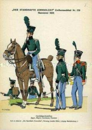 Uniformdarstellung, Jäger, Major, Leutnant und Hornist des Garde-Jäger-Bataillons, Königreich Hannover, 1835.