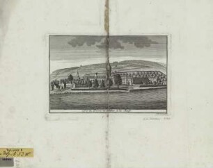Ansicht des Klosters Hastière, Belgien, Kupferstich, um 1720 : Vue du Priore de Hastier à la Meuse / Rem. le Loup fec. - [S.l.] , [um 1720]. - 1 Kunstbl. : Kupferst. ; 21 x 14 cm