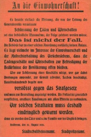 Aufruf "An die Einwohnerschaft!" anlässlich des Generalstreiks