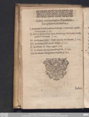 Liber tertius habet Funebria Gryphiswaldensia.