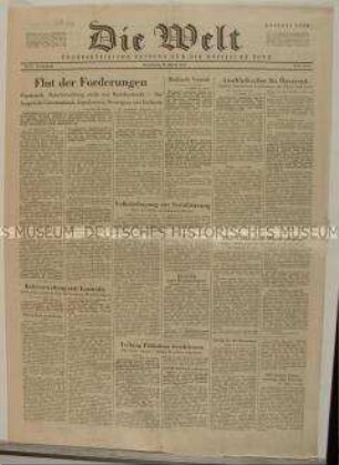 Tageszeitung der britischen Besatzungszone "Die Welt" u.a. über die Reparationsansprüche an Deutschland