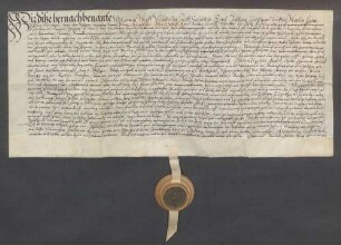 Wolf (Wolfgang) Meußel (Meußlin), Schultheiß, und genannte Mitglieder des Gerichts zu Zeutern beurkunden eine Gültverschreibung des Niklaus Neuffer und seiner Ehefrau Margarethe über 30 Gulden gegenüber Johann Rehm, Kirchenkollektor am Bruhrain.