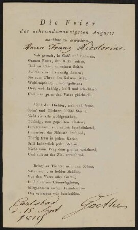Gedicht von Johann Wolfgang von Goethe für Franz Nicolovius vom 15.9.1819.