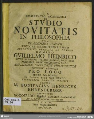 Dissertatio Academica De Studio Novitatis In Philosophia