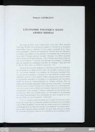 François Georgeon L'Économie Politique Selon Ahmed Midhat