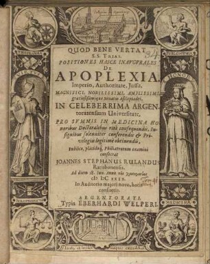 Positiones Hasce Inaugurales De Apoplexia. Imperio, Authoritate, Iussu ... Senatus Asclepiadei, In Celeberrima Argentoratensium Universitate ... Publico, placidoq[ue] Philiatrorum examini consecrat Joannes Stephanus Rulandus, Ratisbonensis. Ad diem 18. Iun. Anno t ̄es chrisogonias MDCXXIX. ...