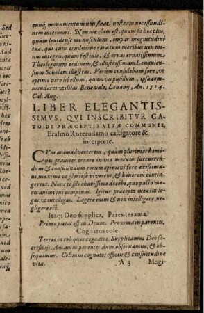 Liber Elegantissimus, Qui Inscribitur Cato de Praeceptis Vitae Communis ...
