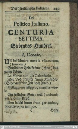 Centuria Settima. Siebendes Hundert