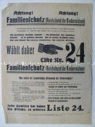 Wahlaufruf des Reichsbundes der Kinderreichen; für die Stärkung der "gefährdeten deutschen" Familie