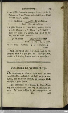 XXI. Berechnung der Waaren Preise, in 4 Abtheilungen, nebst den Grundsätzen zur Berechnung der Speesen