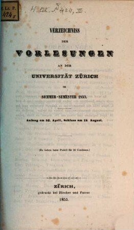 Verzeichnis der Vorlesungen, Behörden, Dozenten und Institute. 1855. SS