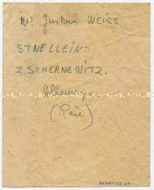 Notizzettel mit der Adresse vom Vater des Legionärs Harry Weiss aus dem Indochina-Konvolut des Legionärs Harry Weiss