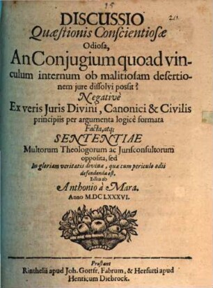 Discussio quaestionis conscientiosae odiosa, an coniugium quoad vinculum internum ob malitiosam desertionem iure dissolvi possit?