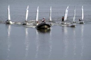Opti-Segelschule fuer Junioren in Hamburg, auf der Elbe bei Muehlenberg, Blankenese. Hier die Rueckkehr in den sicheren Hafen nach einer Uebungs-Regatta. 14.06.2007