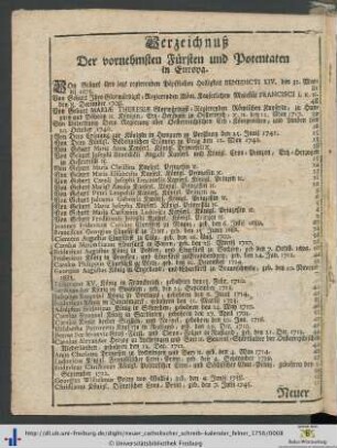 Verzeichnuß Der vornehmsten Fürsten und Potentaten in Europa.
