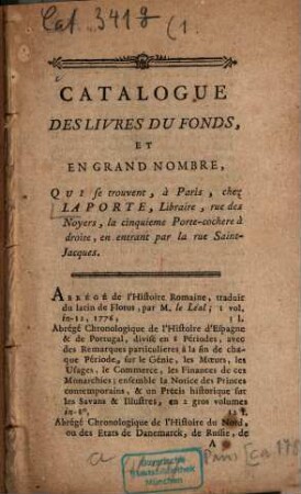 Catalogue des livres. 1. Catalogue des livres du fonds ... [ca. 1780]. - 36 S.