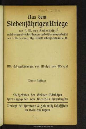 Aus dem Siebenjährigen Kriege