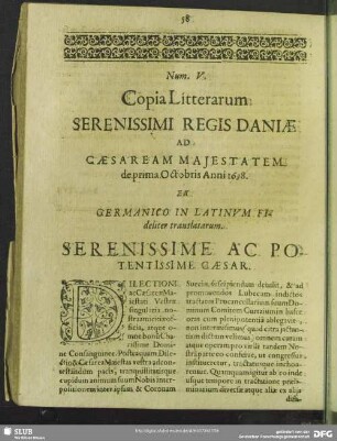 Num. V. Copia Litterarum Serenissimi Regis Daniae Ad Caesaream Maiestatem de prima Octobris Anni 1638