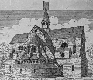 Königswinter, ehem. Zisterzienserabtei Heisterbach, Rekonstruktion der Außenansicht (graph. Darstellung); nach Dehio