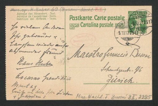 Postkarte an Ferruccio Busoni : 05.11.1917