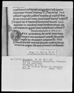 Graduale-Sakramentar-Lektionar — Initiale D(eus) mit Brustbild Mariens, Folio 86recto