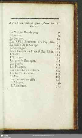 Avis au Relieur pour placer les 18. Cartes