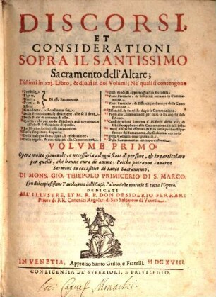 Discorsi et considerationi sopra il santissimo sacramento dell'altare, 1. (1618). - 824 S.