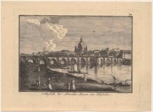 Ansicht der Augustusbrücke in Dresden, Blick auf die Altstadt mit der Frauenkirche, aus Weinarts Topographischer Geschichte der Stadt Dresden 1777-1781