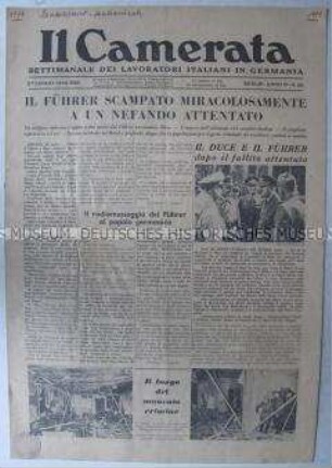 Wochenzeitung für italienische Fremdarbeiter in Deutschland "Il Camerata" u.a. zum Attentat auf Hitler