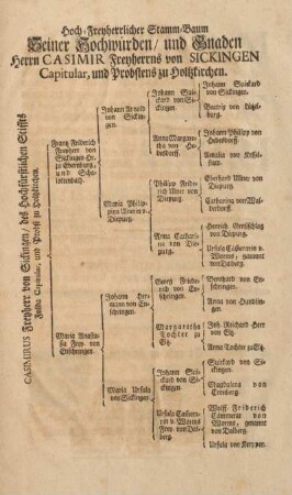 Hoch-Freyherrlicher Stamm-Baum Seiner Hochwürden, und Gnaden Herrn Casimir Freyherrns von Sickingen Capitular, und Probstens zu Holtzkirchen.