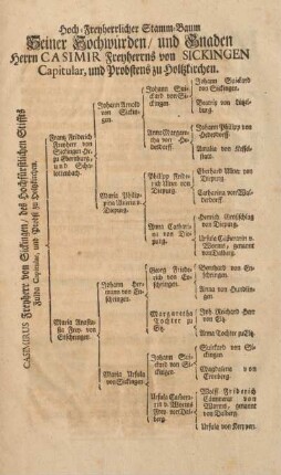 Hoch-Freyherrlicher Stamm-Baum Seiner Hochwürden, und Gnaden Herrn Casimir Freyherrns von Sickingen Capitular, und Probstens zu Holtzkirchen.