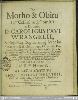 De morbo et obitu Caroli Gustavi Wrangelii